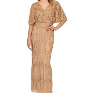 Adrianna Papell Beaded Short Flutter Sleeve V-Neck Blouson Gown